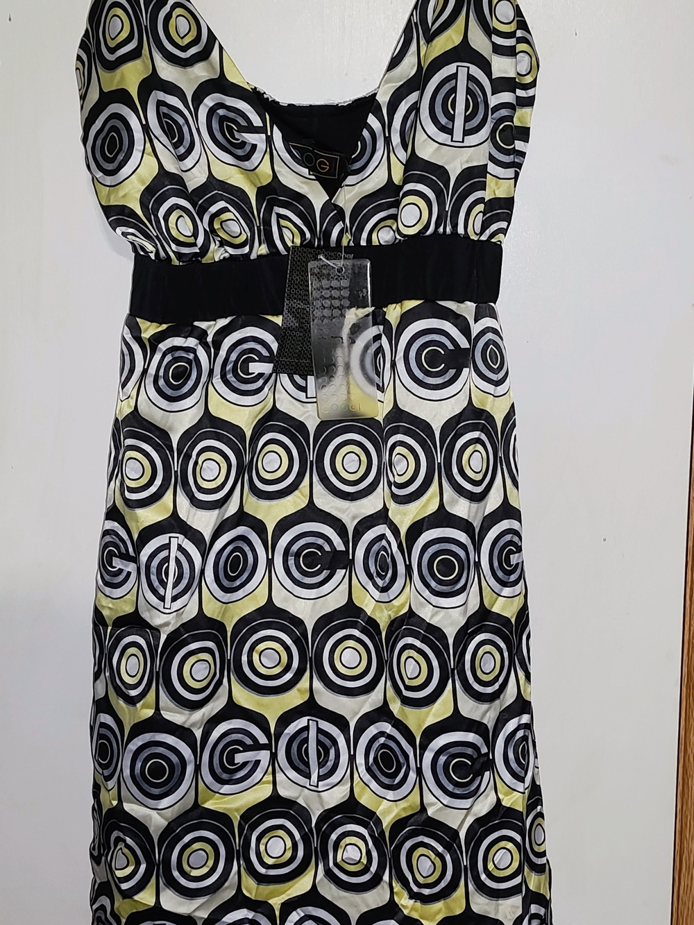COOGI One-Shoulder A-Line Dress in Black, White & Yellow Circle Print